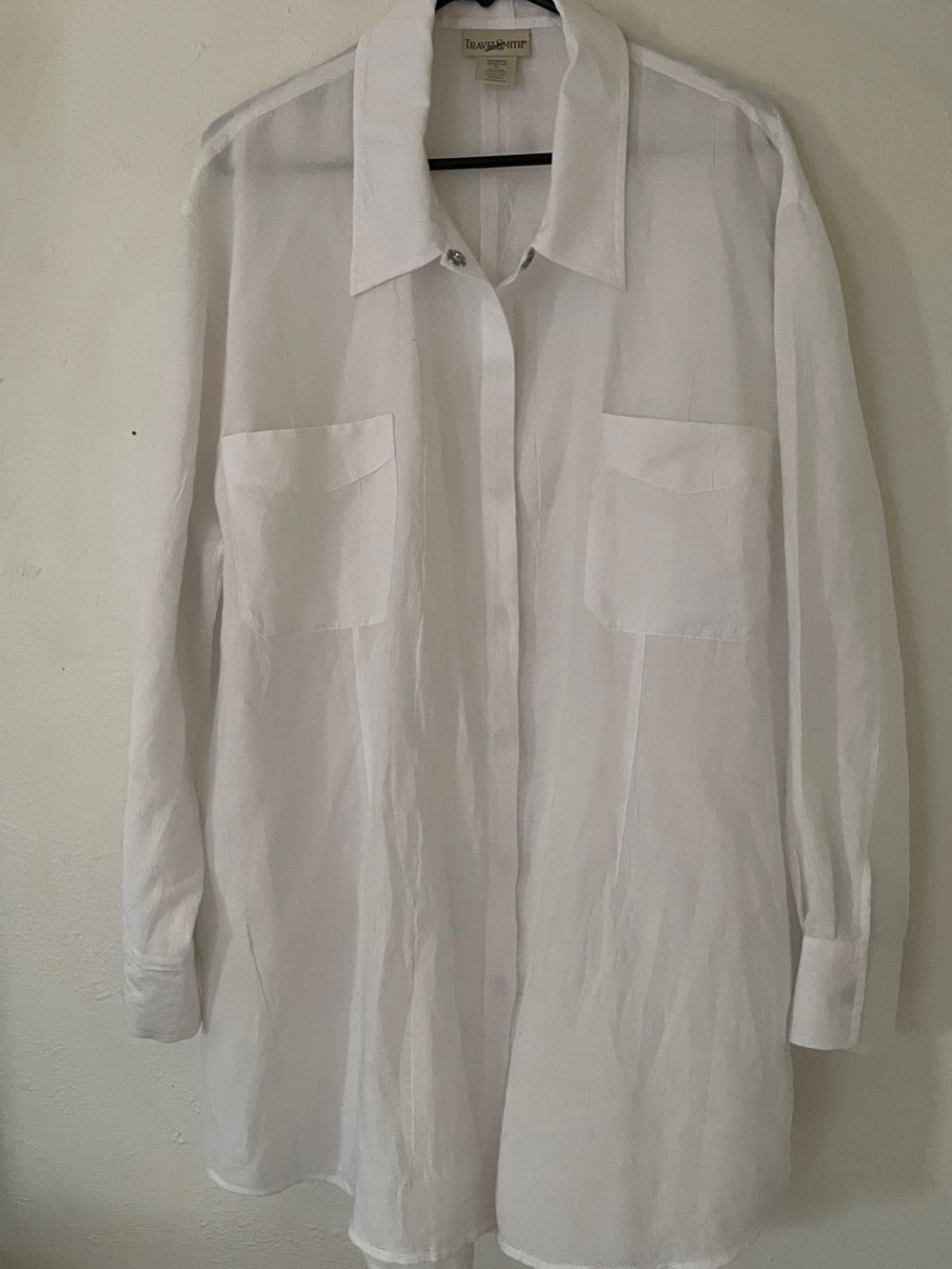TravelSmith XL White Longline Shirt Jacket Hidden Snaps Belt Loops Rayon Blend